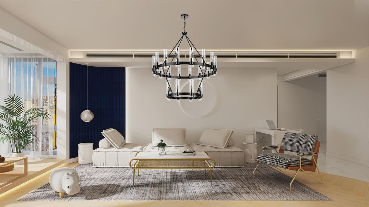 24-Lights Black Wagon Wheel Chandelier Modern Farmhouse with Glass Shade