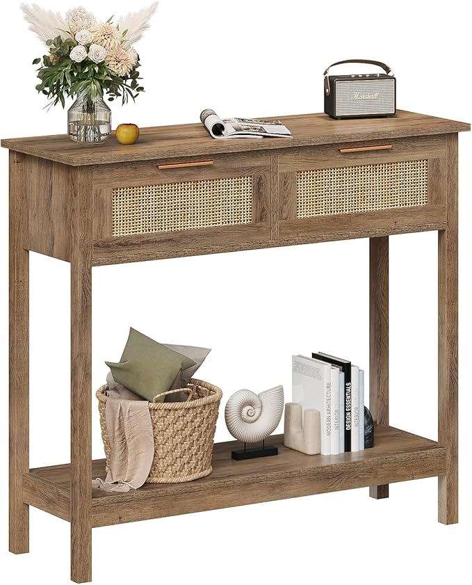 Farmhouse Rattan Console Table with 2 Drawers 2 Tier Boho Narrow Long Sofa Table