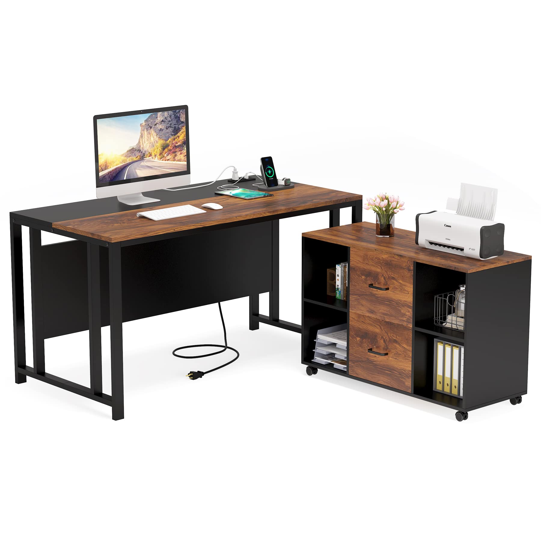 55'' Large Executive Desk with Lateral File Cabinet,Brown