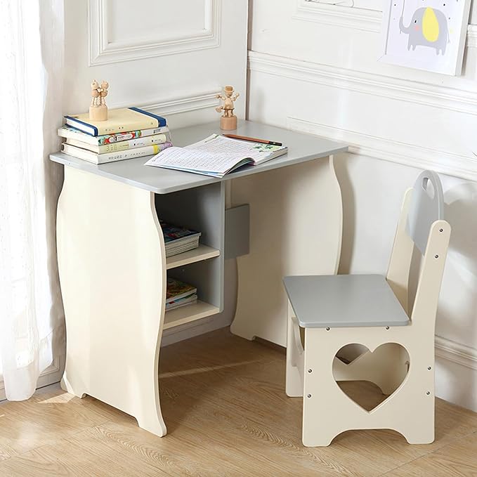 Kids Desk and Chair Set, Children Study Desk with Storage Shelf