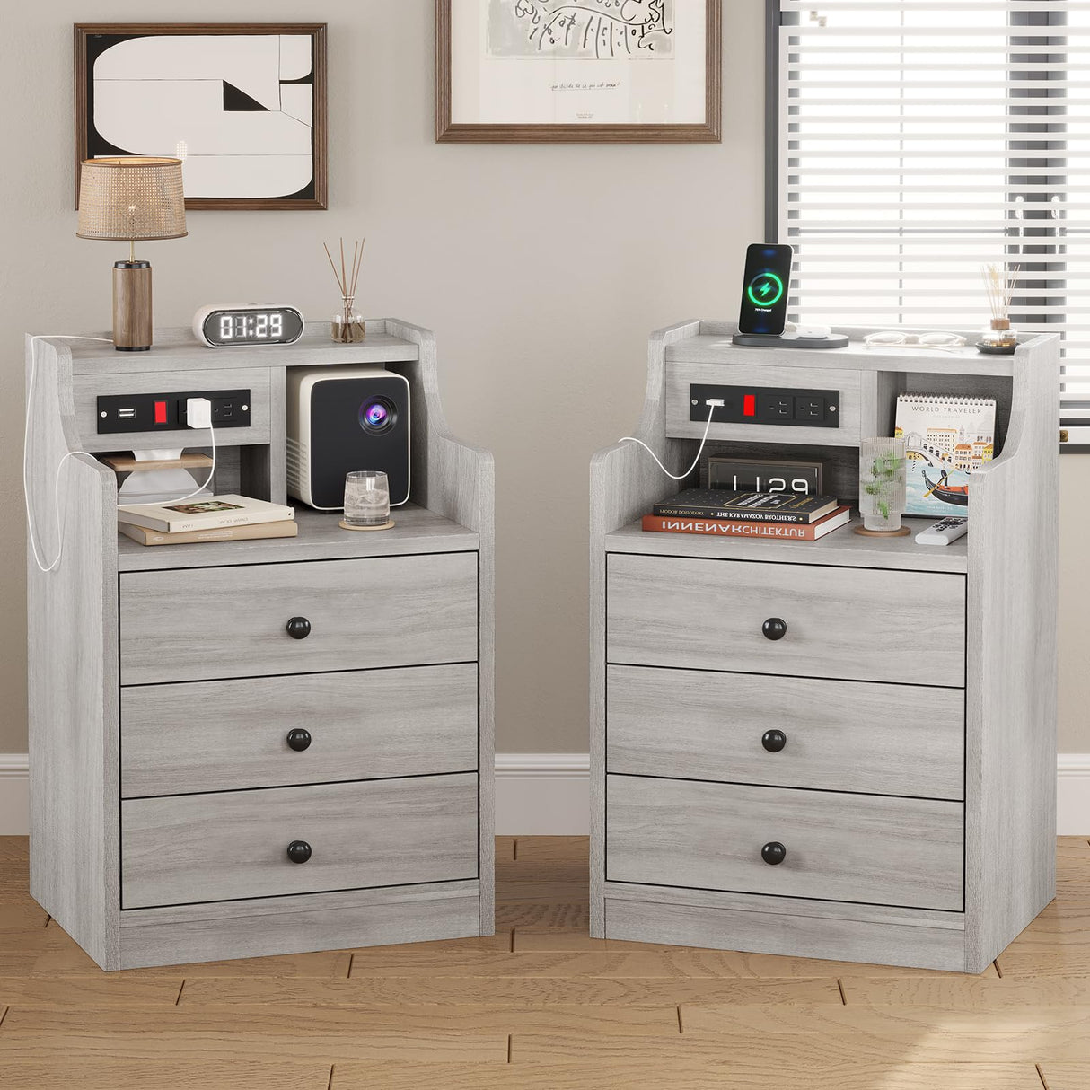 Nightstand Set 2,Gray Nightstand with Charging Station & Hutch