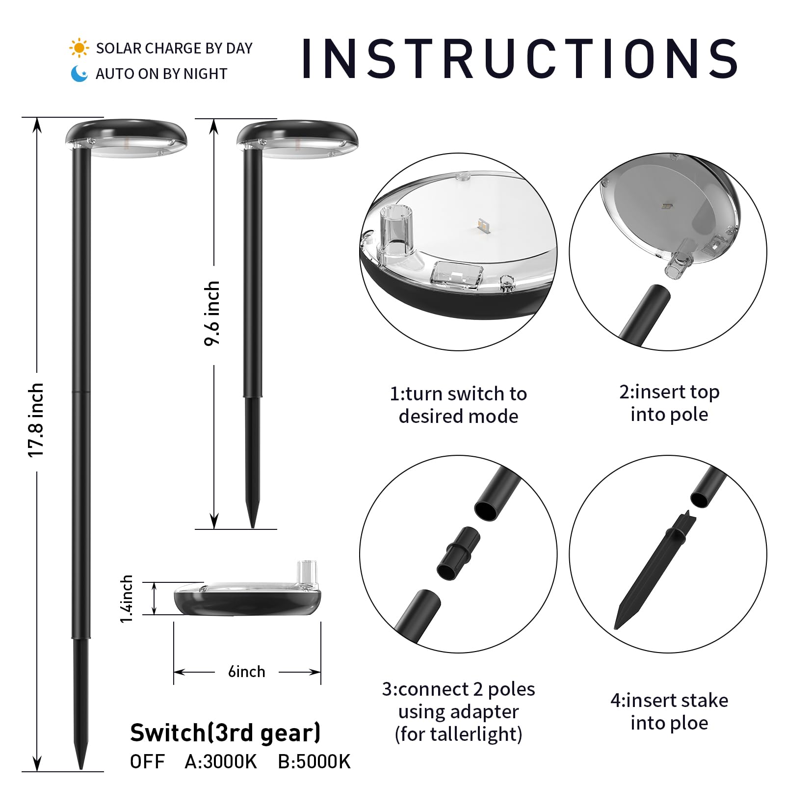Solar Pathway Lights - Super Bright 300 Lumens with 2-in-1 Warm White & Daylight Color,