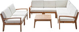 Noble House Grenada Outdoor Acacia Wood 7 Seater Sectional Sofa Set Teak/Blue