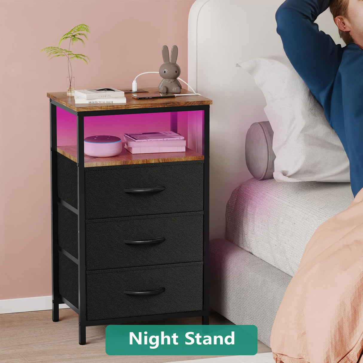 Nightstand with Charging Station, Bedside Table LED Night Stand