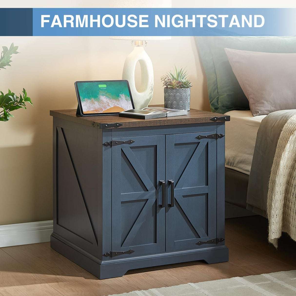 Farmhouse End Table with Charging Station,24" Large Sofa Side Table