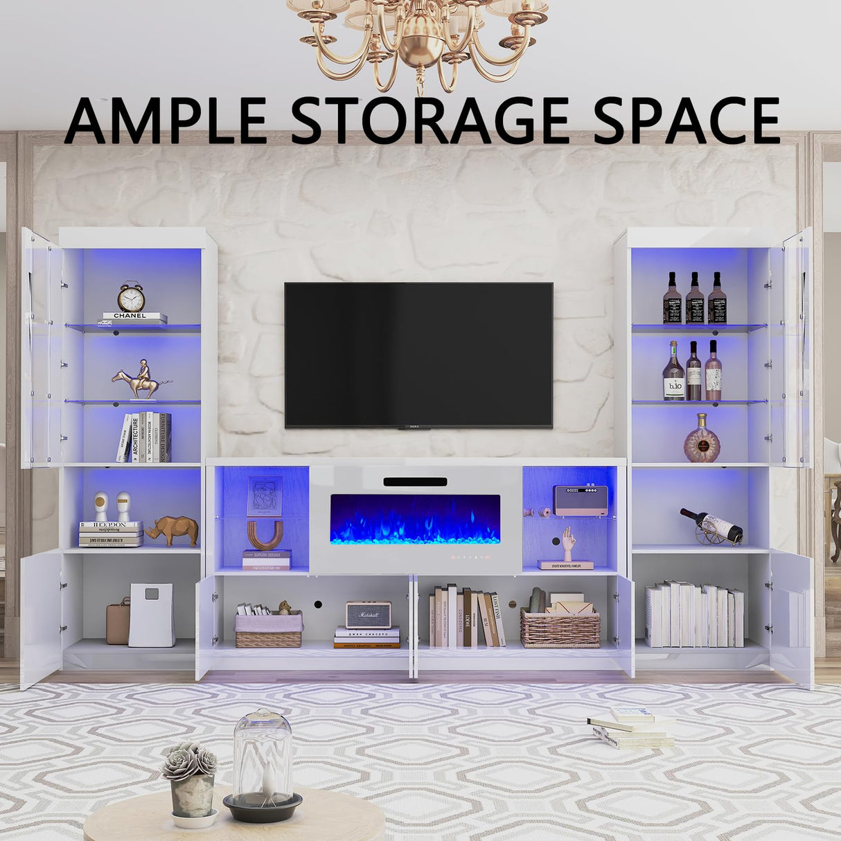 3 Piece Modern High Gloss Fireplace TV Stand + Bookcase Set for Living Room