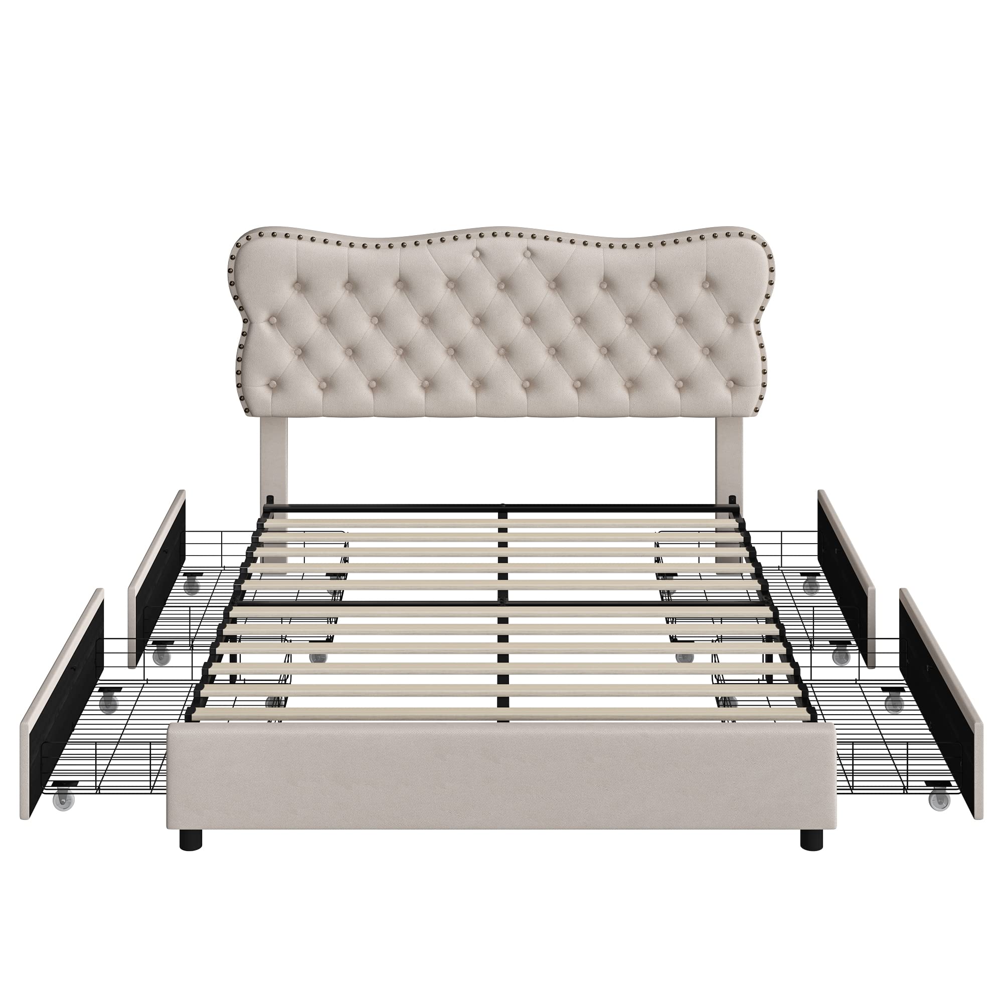Queen Bed Frame with 4 Storage Drawers, Upholstered Platform Frame