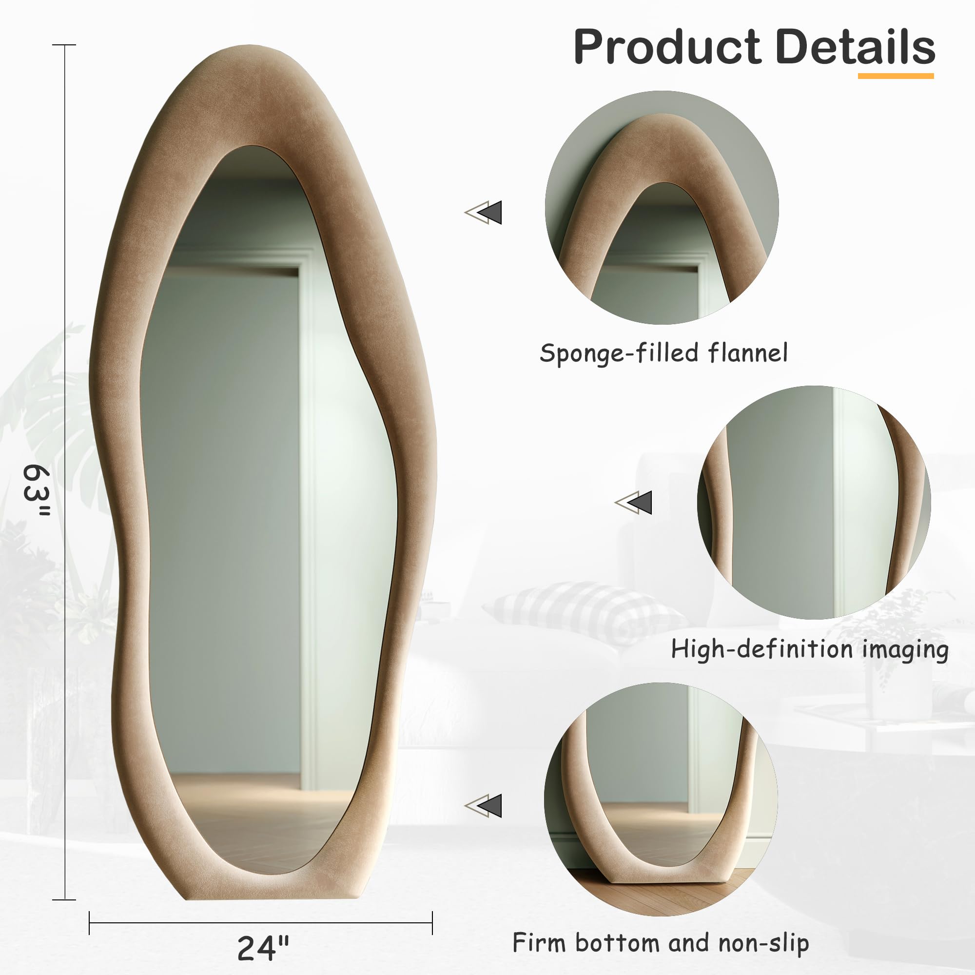 Full Length Mirror, 63" x 24" Wall Mirror, Flannel Wrapped Wooden Frame Floor Mirror