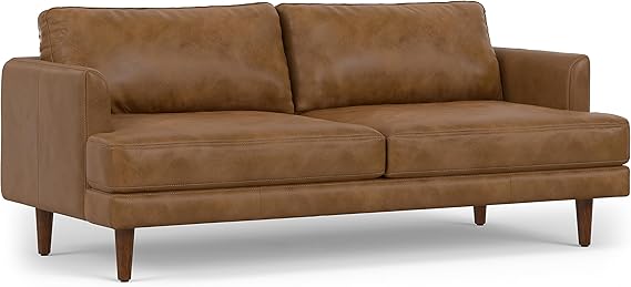 Livingston Mid-Century Modern 76 Inch Wide Sofa in Sienna Full Grain Leather, Pure