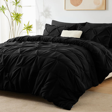 Twin Comforter Set - 5 Pieces Comforters Twin Size Black, Pintuck Bed in A Bag Pinch