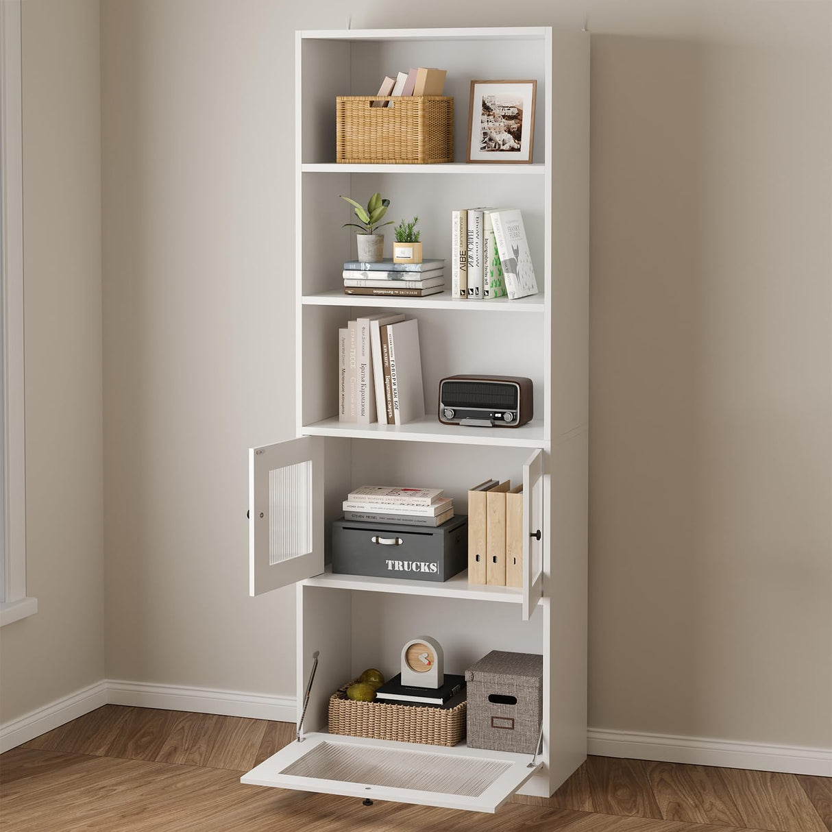 Bookshelf with Doors 2PCS, 5 Shelf Bookcase with Acrylic Cabinet Doors,Modern White