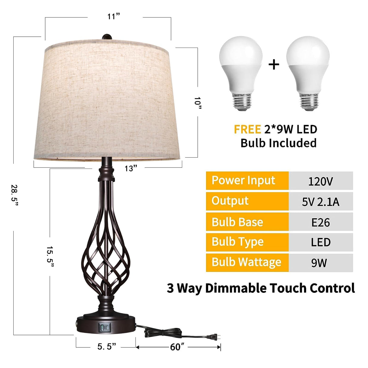 Table Lamps Living Room Lamps Set 2 with Dual USB Charging Port 3 Way Dimmable