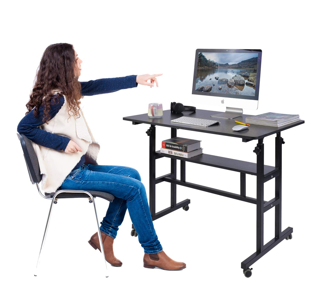 Mobile Standing Desk, Adjustable Computer Desk Rolling Laptop Cart on Wheels Home Office Computer Workstation, Portable Laptop Stand Tall Table for Standing or Sitting, Black, 39.4" x 23.6"