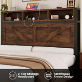 Farmhouse Queen Bed Frame with Storage Headboard and LED Lights
