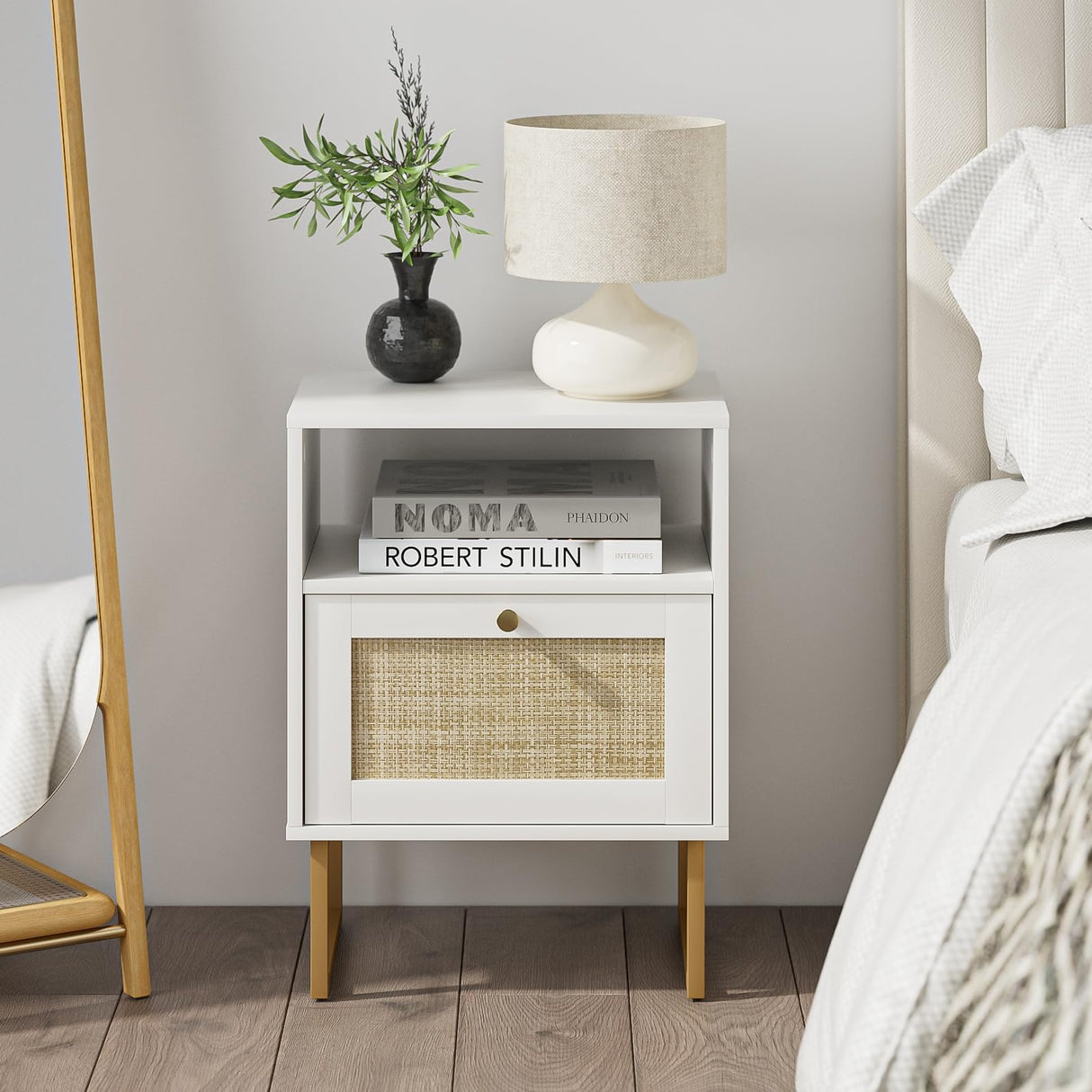 Rattan Nightstand,Modern Boho Farmhouse Wood Bedside Table with Storage Drawer and Open Shelf,Small Gold Frame Side End Table for Bedroom,Living Room,Office(White)