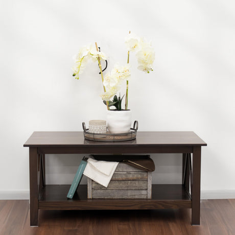 Dark Wood Coffee Table with Storage Shelf - Indoor Solid Pine Wood Center Table