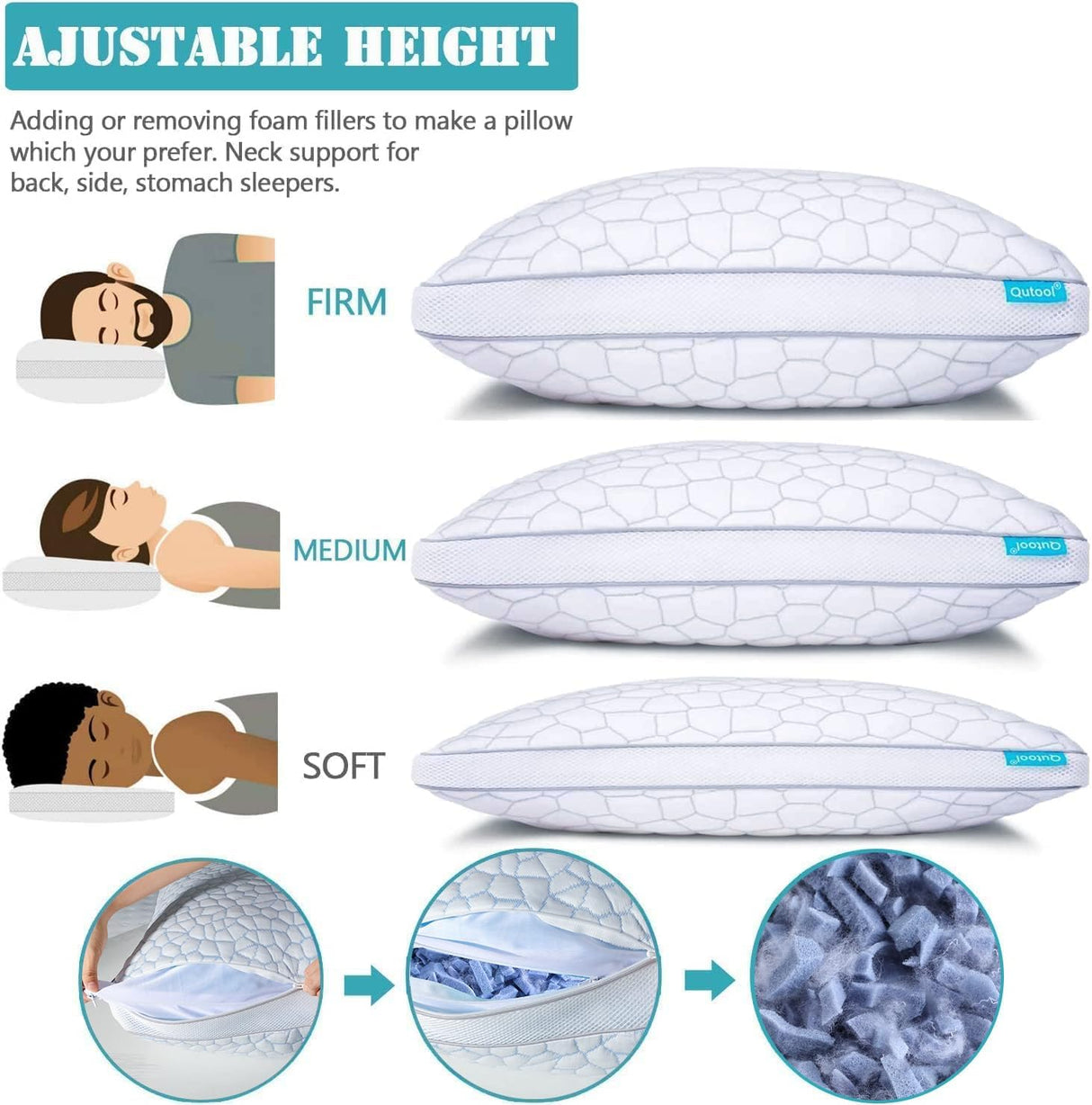 QUTOOL Shredded Memory Foam King Pillows 2 Pack, Adjustable Gel Pillows for Side Stomach and Back Sleepers Luxury Bed Pillow with Washable Cover