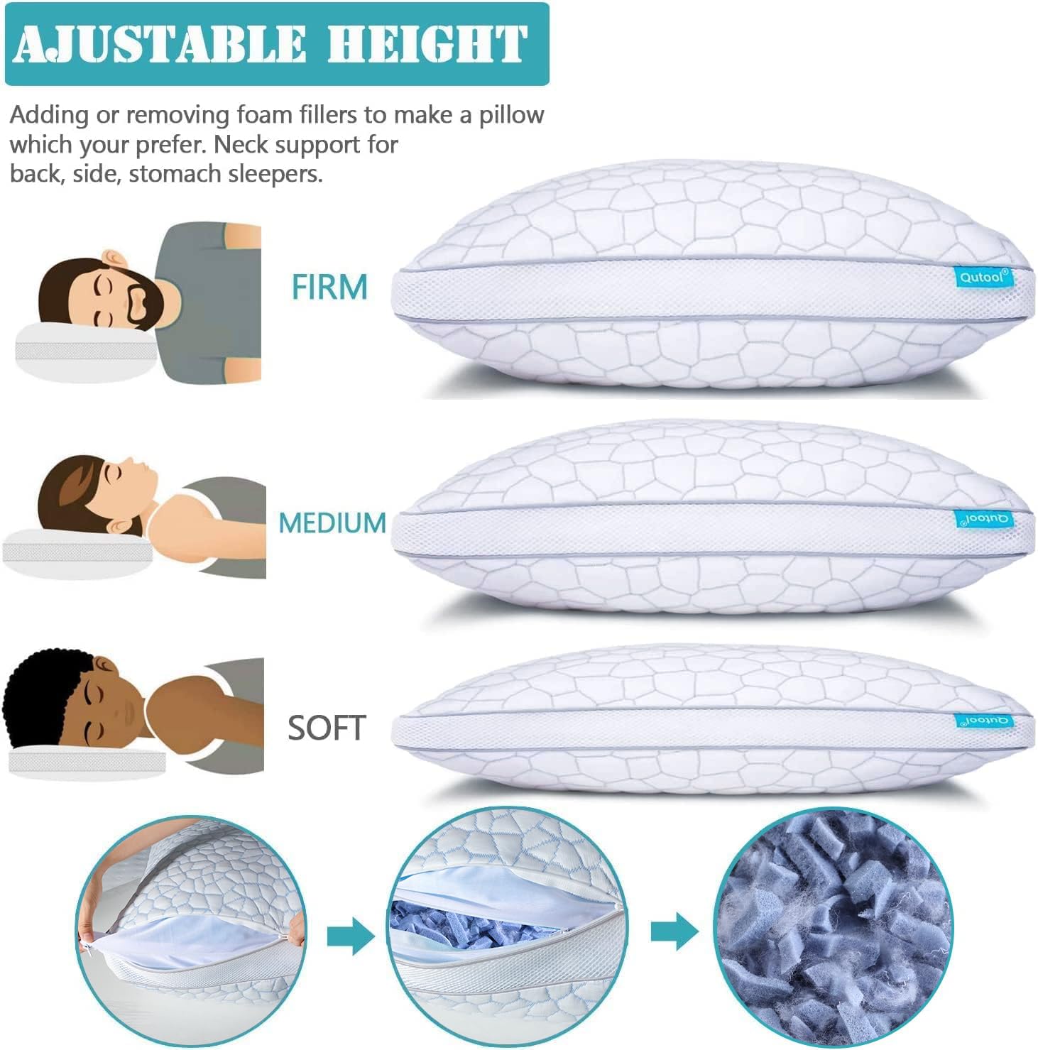 QUTOOL Shredded Memory Foam King Pillows 2 Pack, Adjustable Gel Pillows for Side Stomach and Back Sleepers Luxury Bed Pillow with Washable Cover