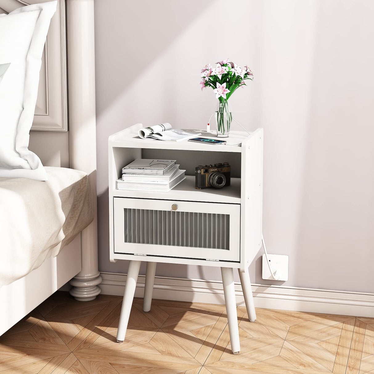 Century Modern Nightstand with Charging Station, Bedside Tables with Glass Decorative Door,