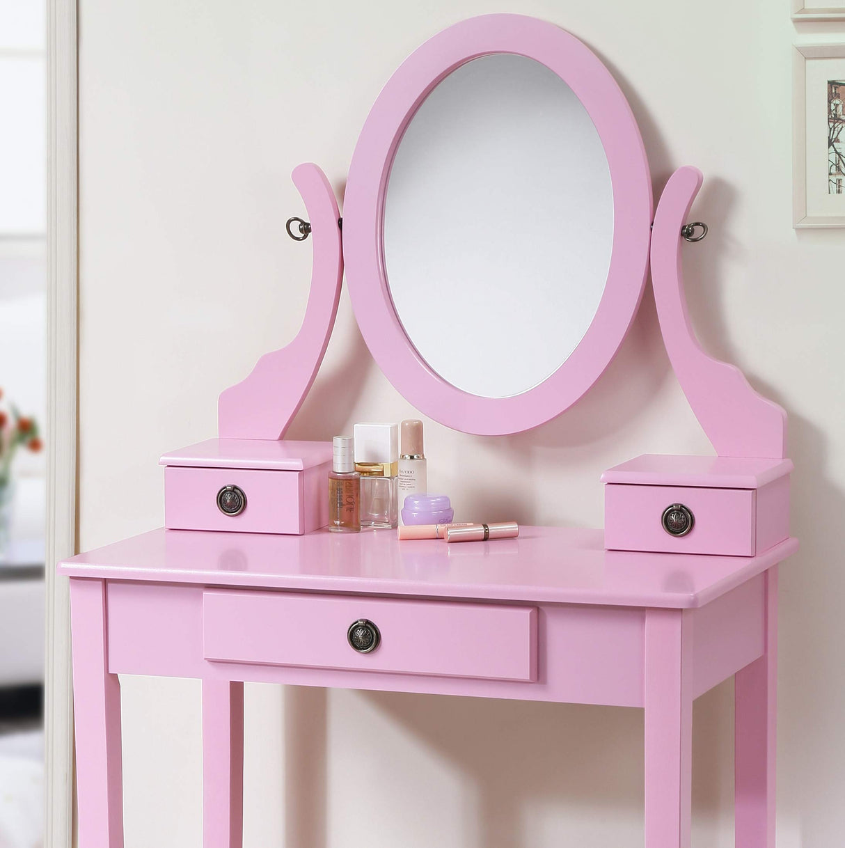 Moniys Moniya Pink Wood Makeup Vanity Table and Stool Set