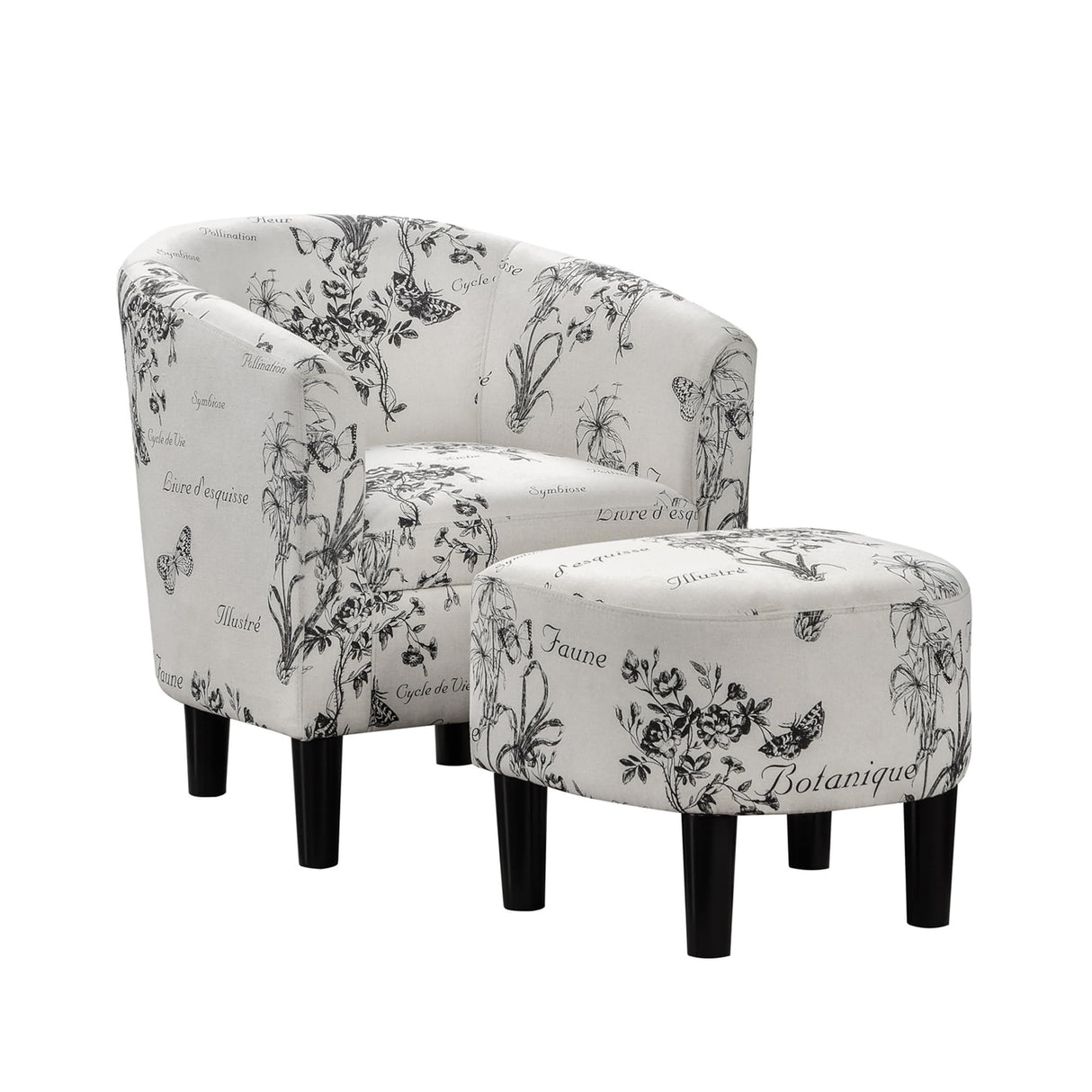 Convenience Concepts Take a Seat Churchill Accent Chair with Ottoman Set 26.25" - Contemporary Classic Mid-Back Barrel Chair with U-Shaped Ottoman for Living Room, Bedroom, Office, Botanical Print