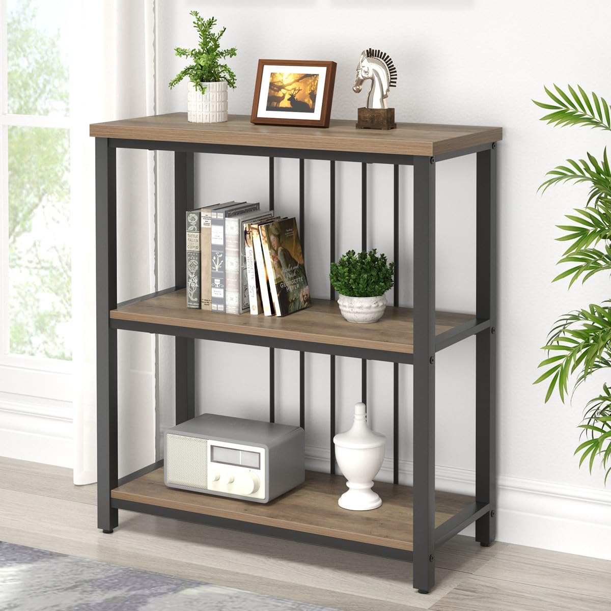 Small Bookshelf and Bookcase, 3 Tier Open Book Shelf, Modern Metal and Wood Shelving