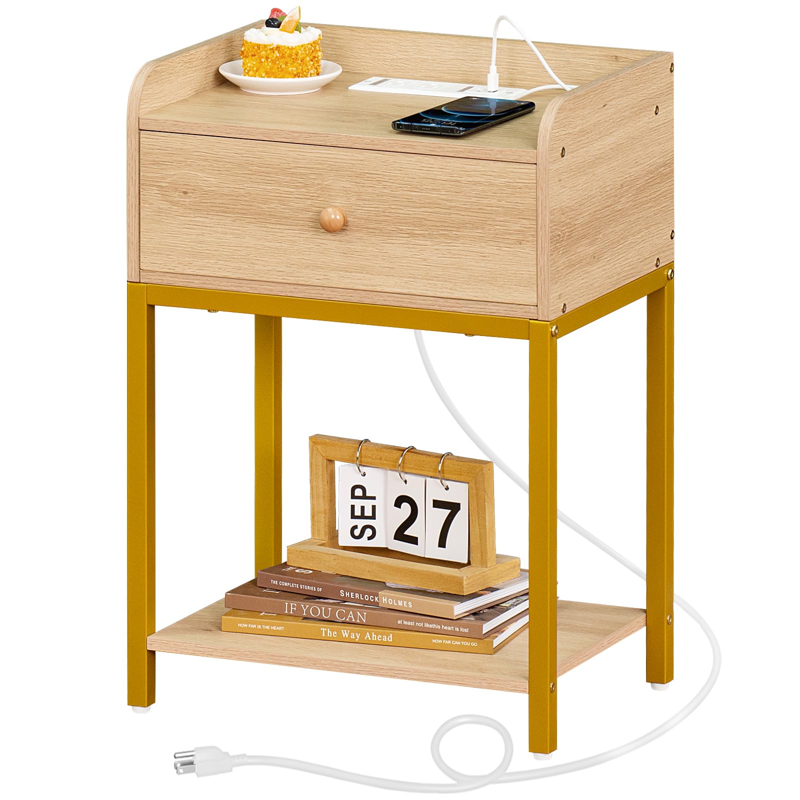 Nightstand with Charging Station and USB Ports, Natural Night Stand