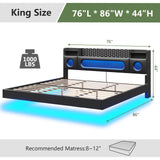 King Floating Bed Frame with LED Lights & Storage Headboard