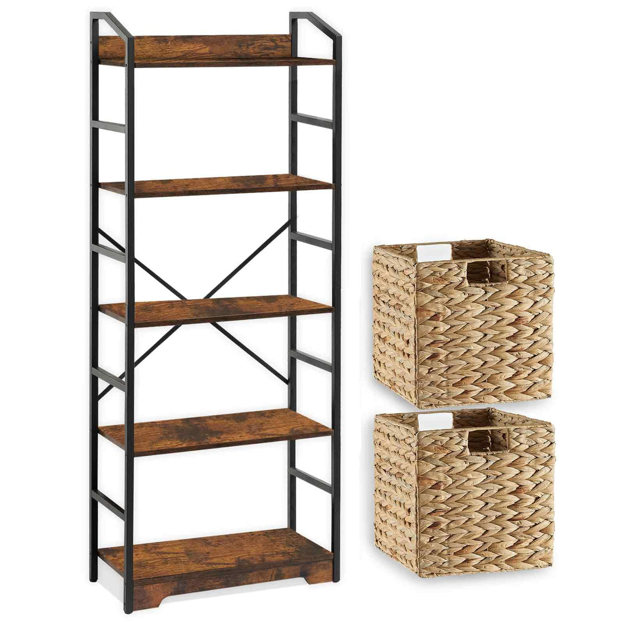 5 Tier Bookshelf with 2 Storage Baskets, Tall Bookcase Shelf Storage Organizer Wood Book Shelf, Modern Shelf Rack Shelves with Steel Frame, Multipurpose Bookshelf for Bedroom Living Room