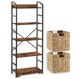 5 Tier Bookshelf with 2 Storage Baskets, Tall Bookcase Shelf Storage Organizer Wood Book Shelf, Modern Shelf Rack Shelves with Steel Frame, Multipurpose Bookshelf for Bedroom Living Room