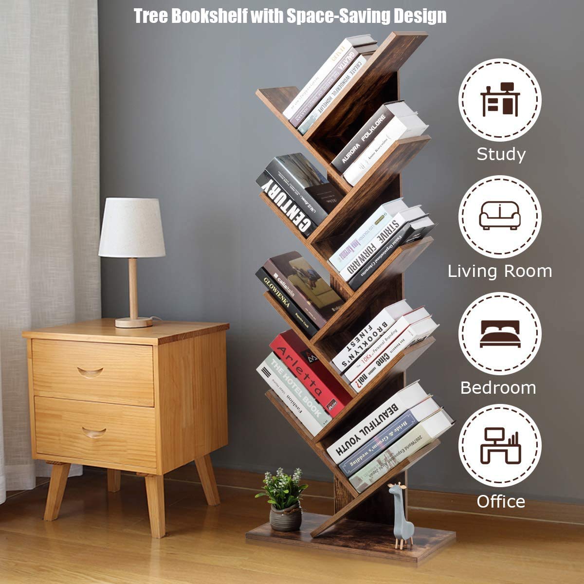 Tree Bookshelf, 9-Shelf Floor Standing Bookcase, Space Saving CDs/Albums/Books Holder for Living Room, Home Office, Book Organizer w/Anti-toppling Device (Rustic Brown)