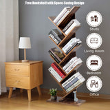 Tree Bookshelf, 9-Shelf Floor Standing Bookcase, Space Saving CDs/Albums/Books Holder for Living Room, Home Office, Book Organizer w/Anti-toppling Device (Rustic Brown)