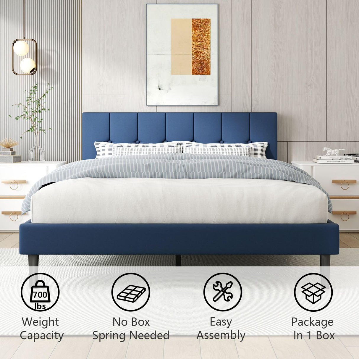 Queen Size Bed Frame with Headboard, Upholstered Bed Frame with Wood Slats Support and Button Stitched Headboard,