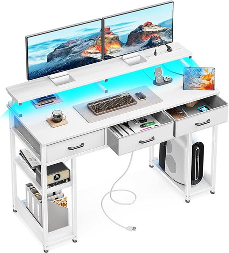 48 inch Computer Desk with 3 Drawers, Gaming Desk with LED Lights & Power Outlets