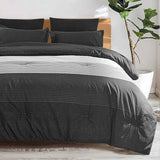 Queen Comforter Set, Grey & Black Patchwork Stripe Pattern Print Reversible Comforter