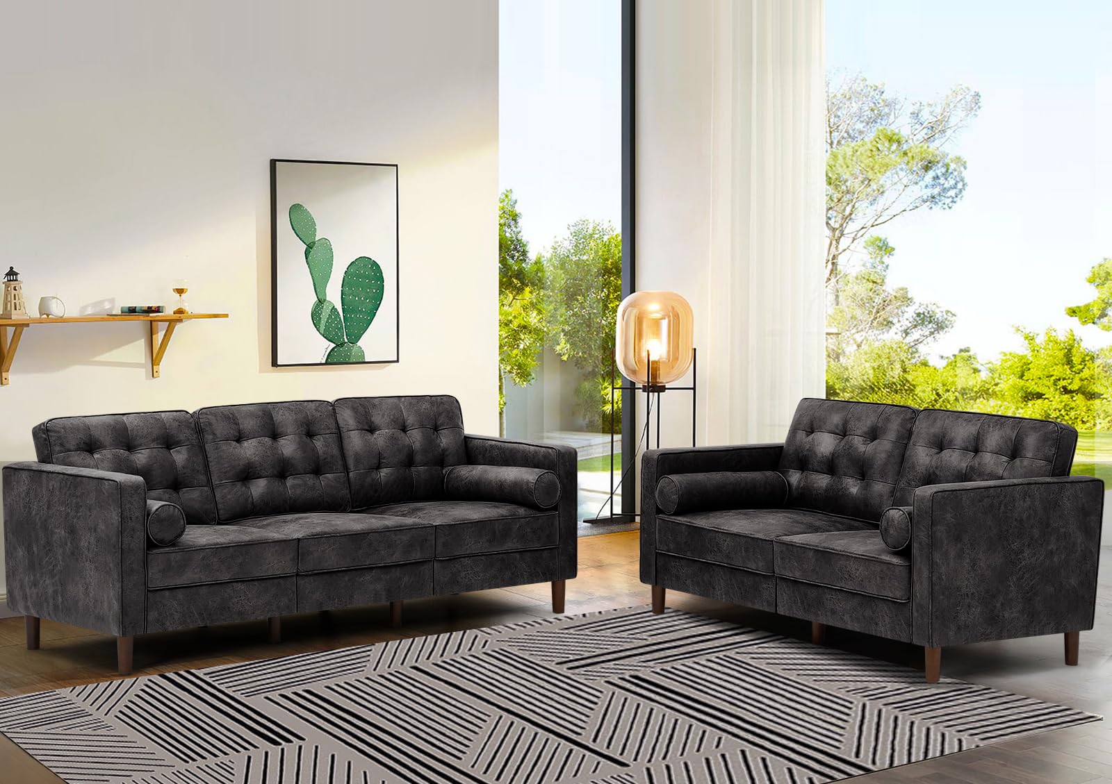 67" Faux Leather 2-Seat Sofa with 2 Bolster Pillows, Tufted Loveseat