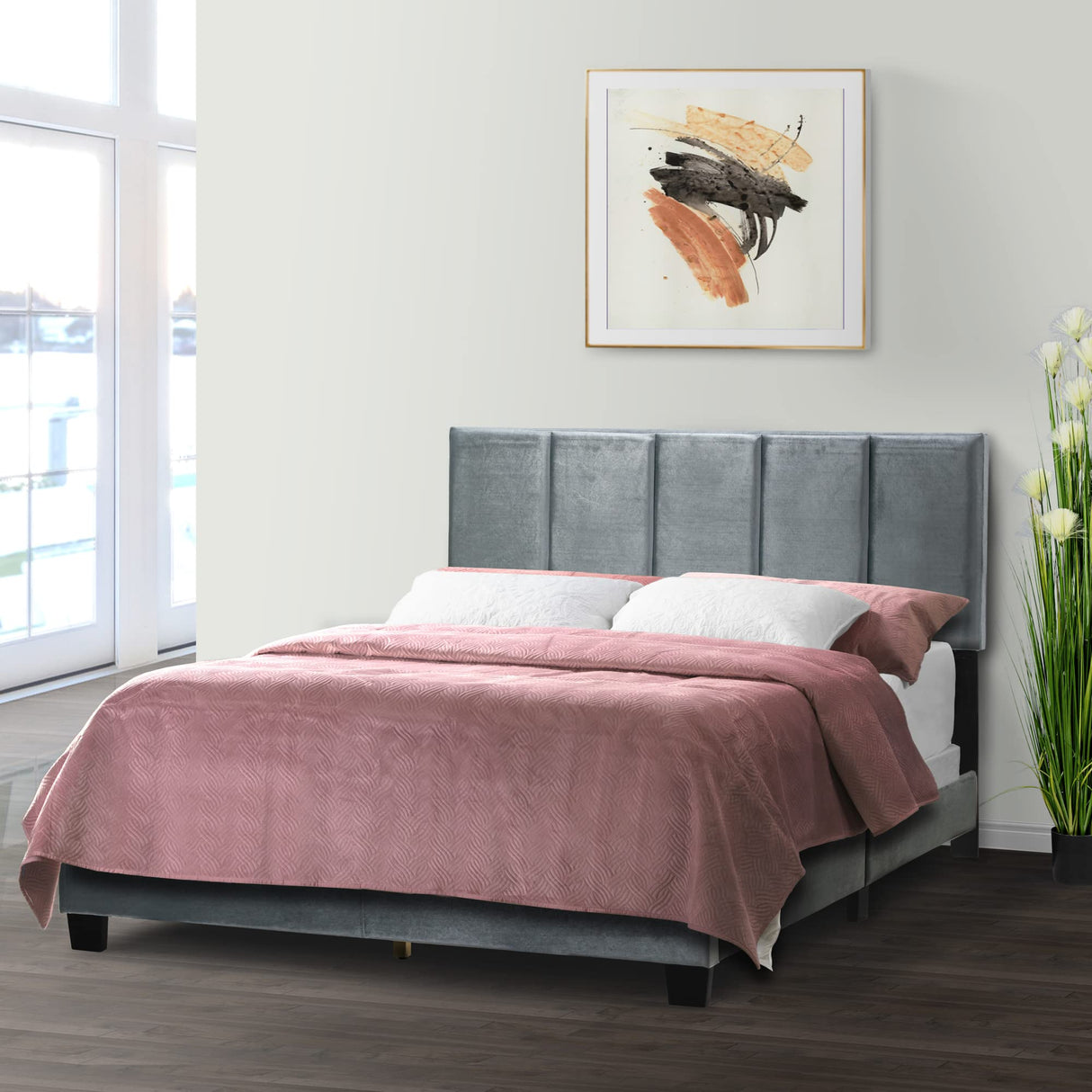 Silver Grey Velvet Queen Bed with Line Stitch Tufting