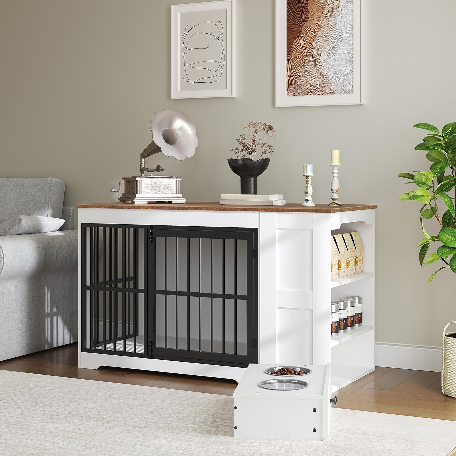 47.2" Dog Crate Furniture with Storage Shelf and Feeding Bowls