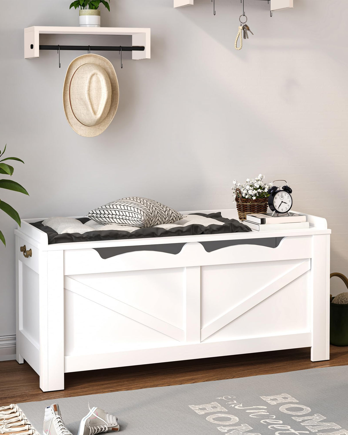 39.4" Storage Bench, Storage Chest, Lift-Top Storage Trunk with 2 Safety Hinges, Wooden