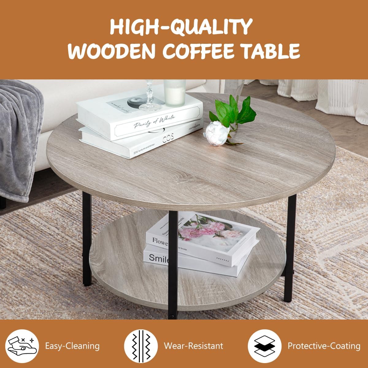 Round Coffee Tables, Accent Table Sofa Table Tea Table with Storage 2-Tier for Living Room,