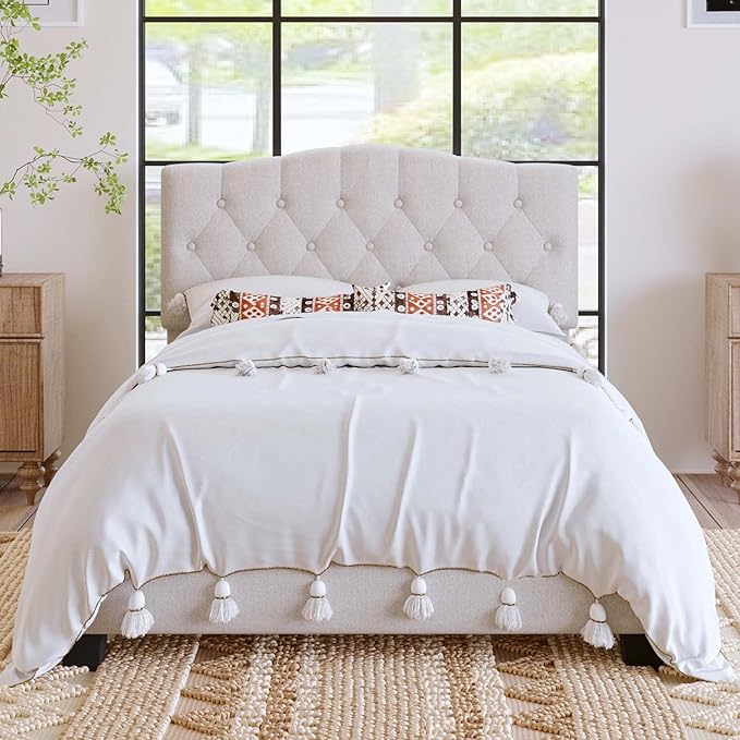 Full Size Upholstered Platform Bed Frame with Saddle Curved Headboard