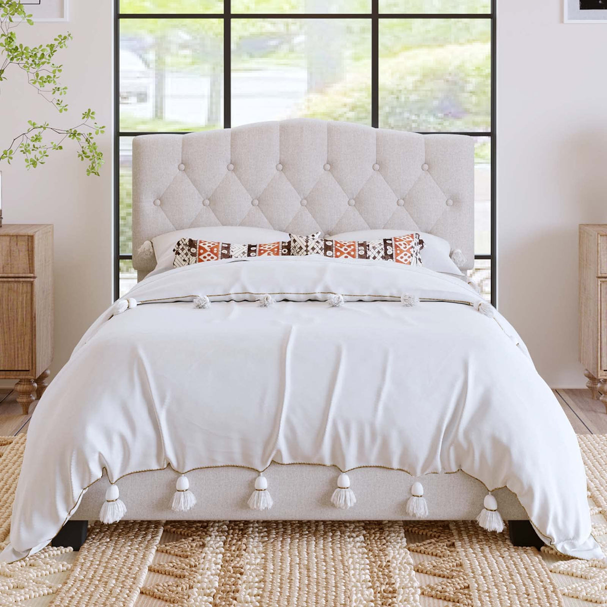 Full Size Upholstered Platform Bed Frame with Saddle Curved Headboard