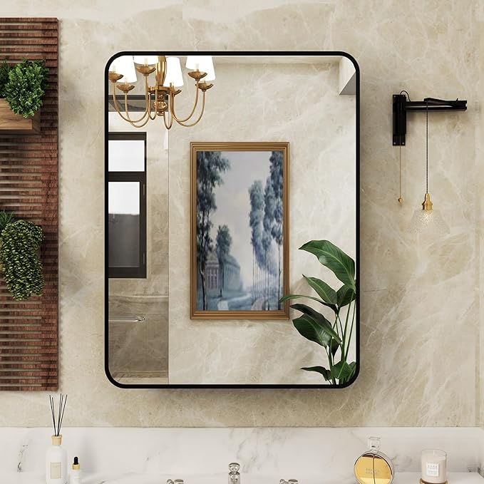 Black Recessed Bathroom Medicine Cabinet with Mirror
