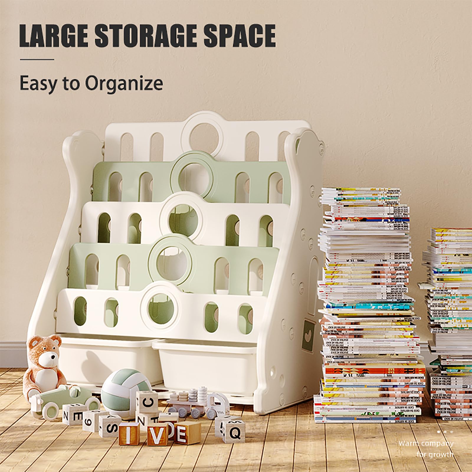 Deer COCO Kids Bookshelf and Toy Storage for Toddler, 4 Tier White Bookshelf Bookcase for Kids Bedroom/Nursery/Classroom, Toddler Wall Corner Bookshelf Kids Montessori Bookshelf (Green)