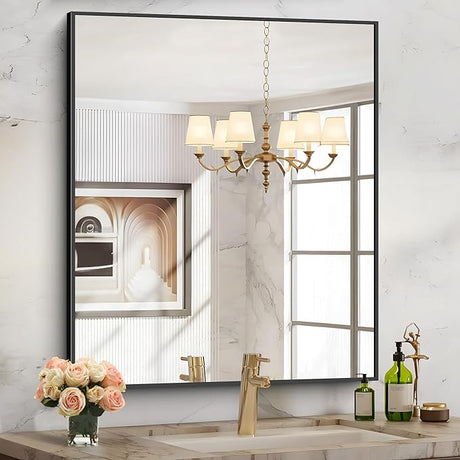 Black Bathroom Mirror, 48"X36" Rectangle Mirrors for Wall Metal Frame