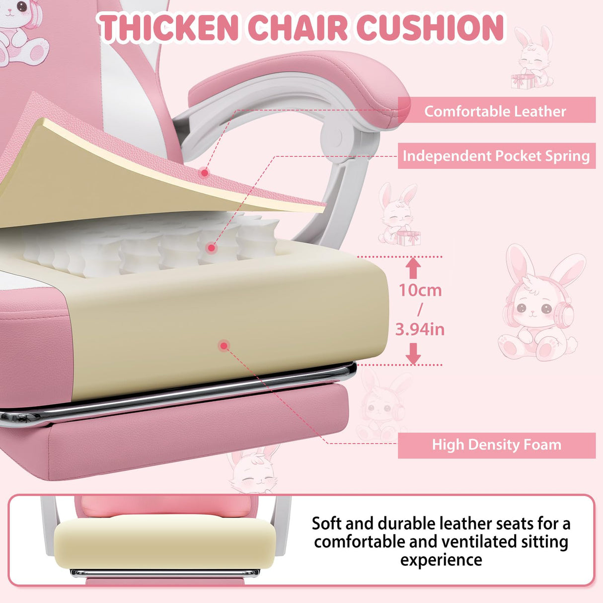 Kids Gaming Chair with Bunny Massage Lumbar Pillow - Pink Desk Chair with Adjustable Headrest & Footrest
