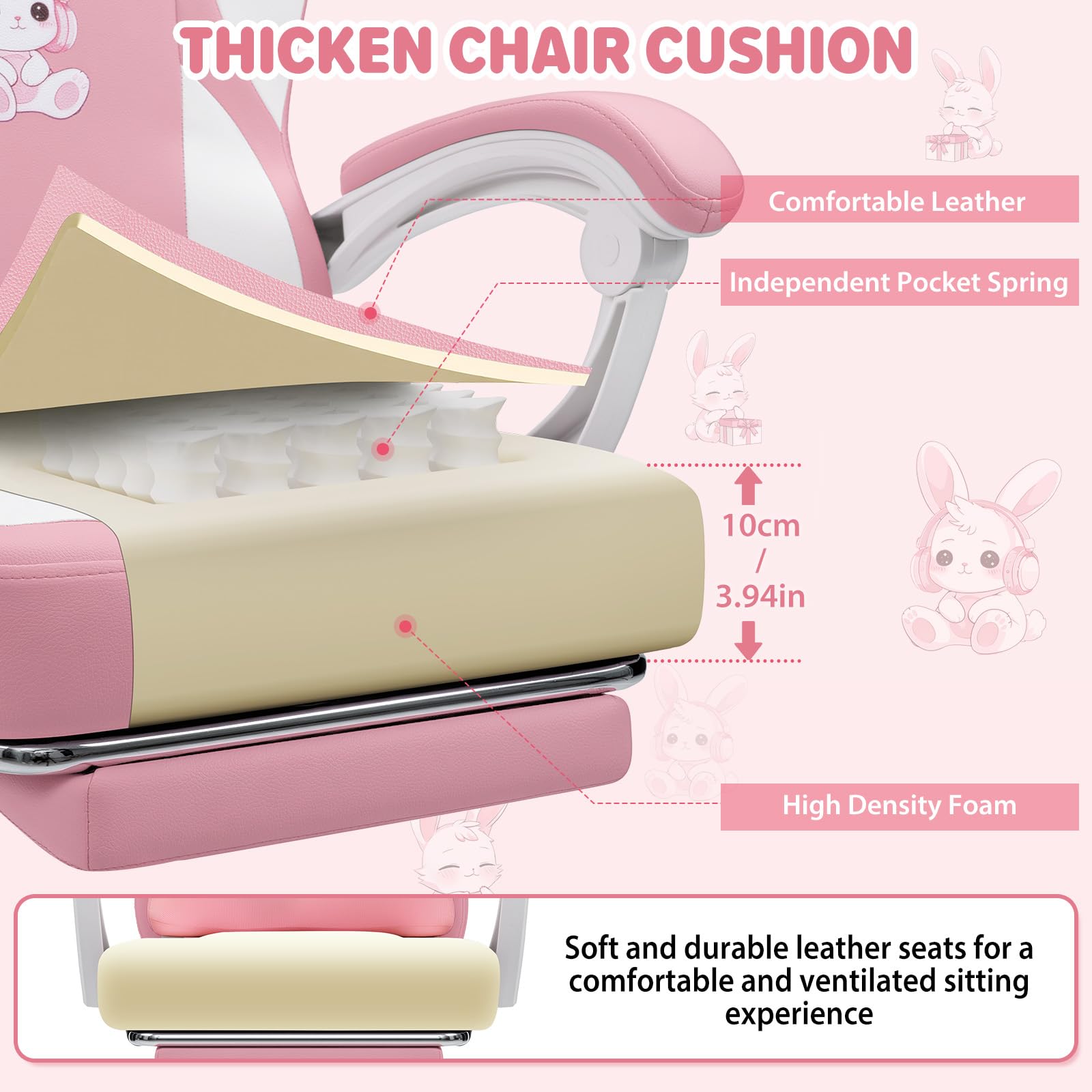 Kids Gaming Chair with Bunny Massage Lumbar Pillow - Pink Desk Chair with Adjustable Headrest & Footrest