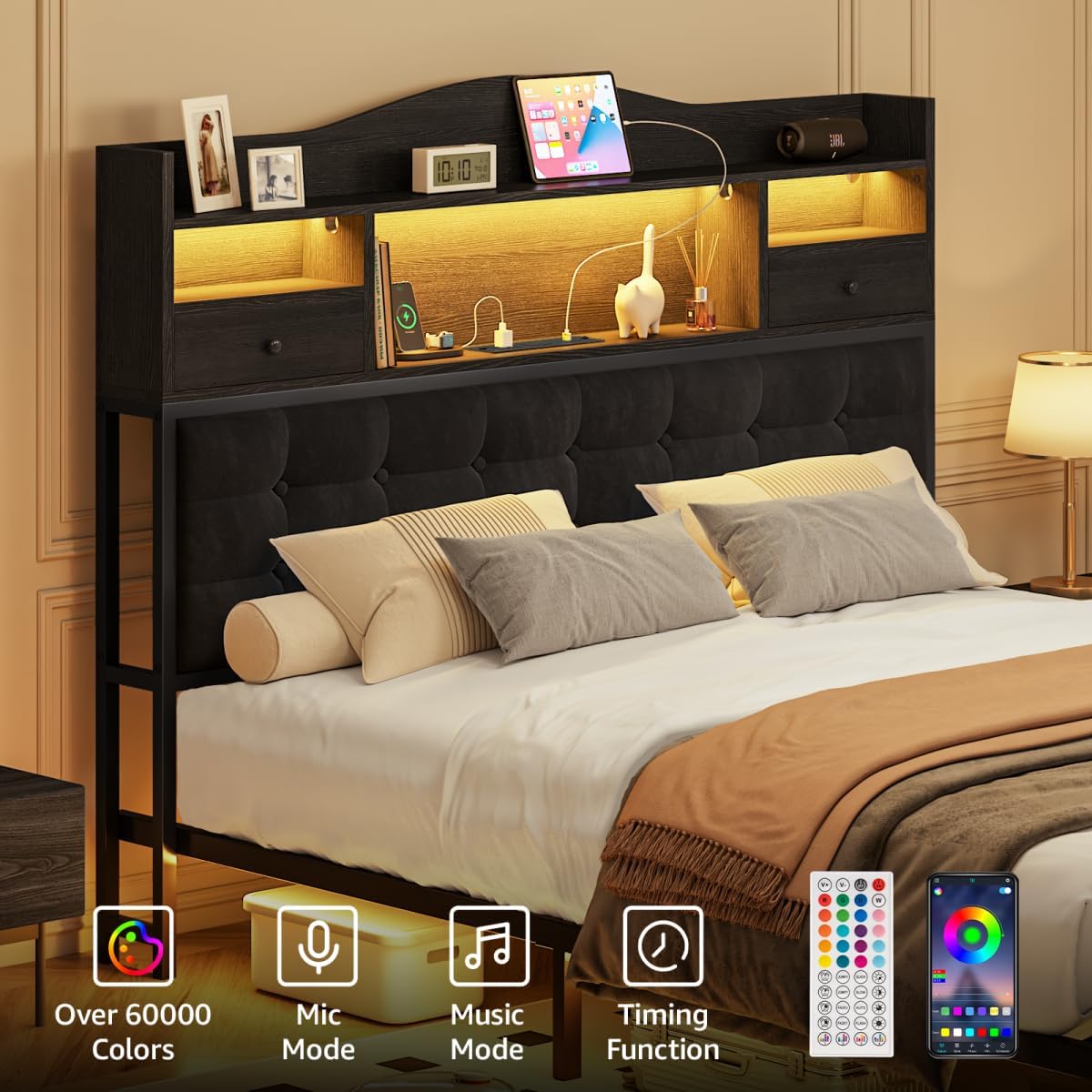 Full Bed Frame with Storage Headboard and LED Lights