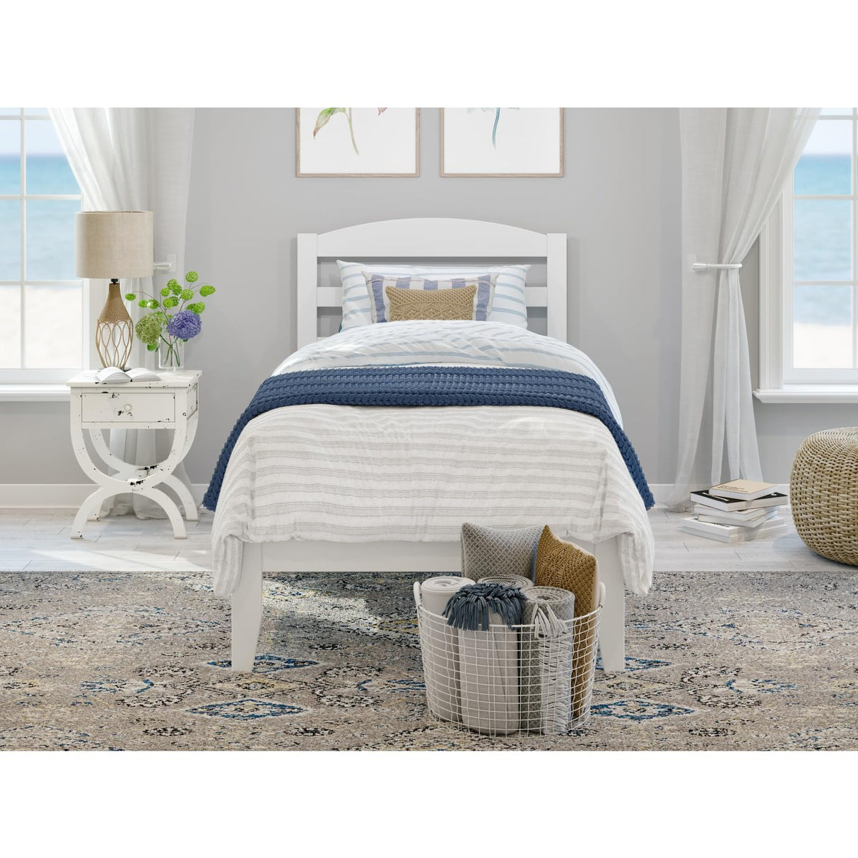 Traditional Twin XL Bed with USB Charger in White