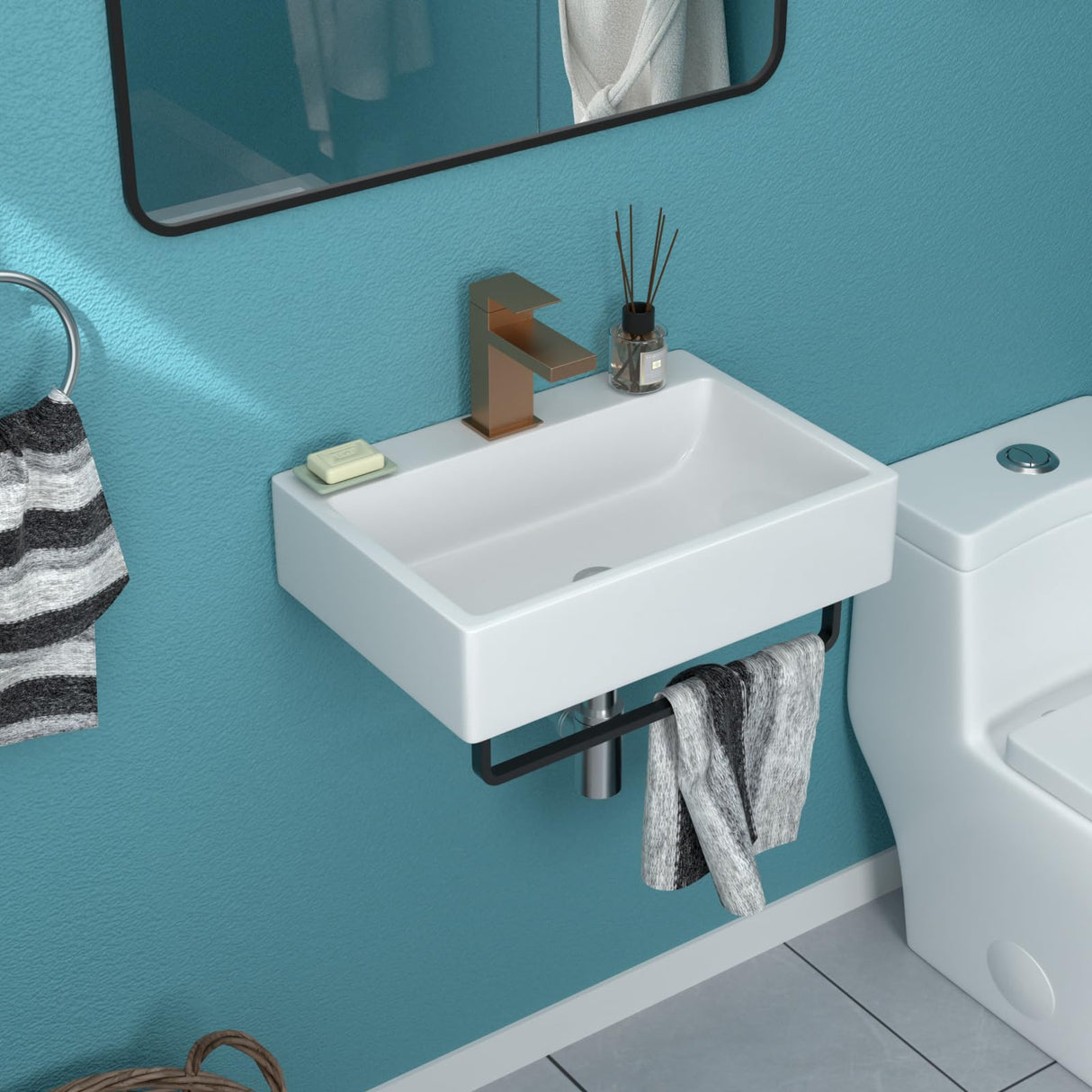 Wall Mount Bathroom Sink With Towel Rack - Funmier 21x14 Floating Vessel